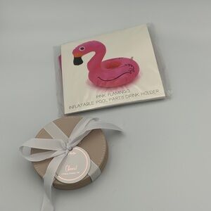 Pink Flamingo Inflatable Drink Holder and 5 pc Coaster Set